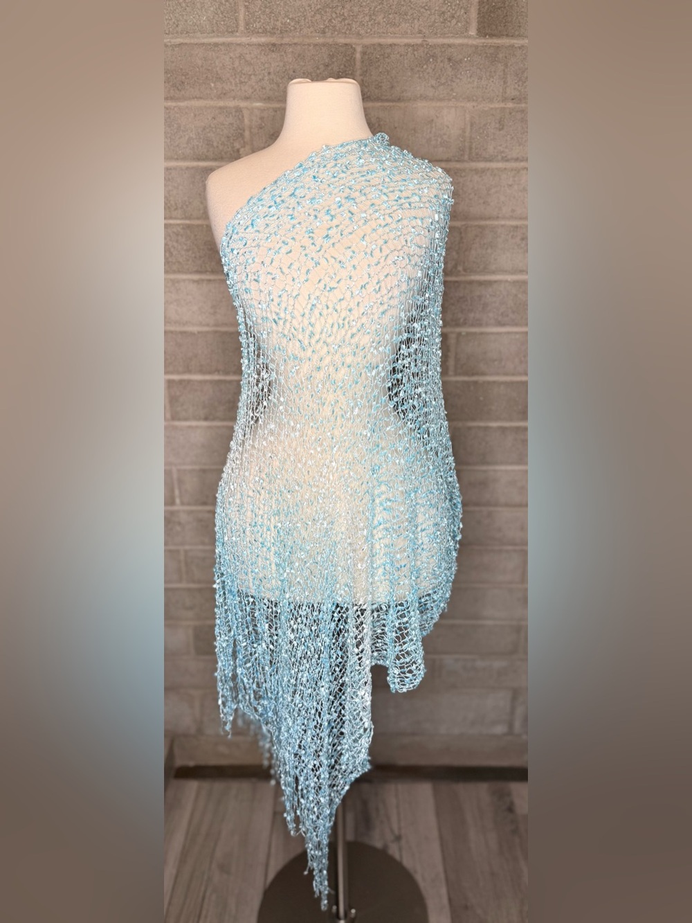 Icy Blue Open Knit Shawl Wrap Asymmetrical Fairycore Y2K